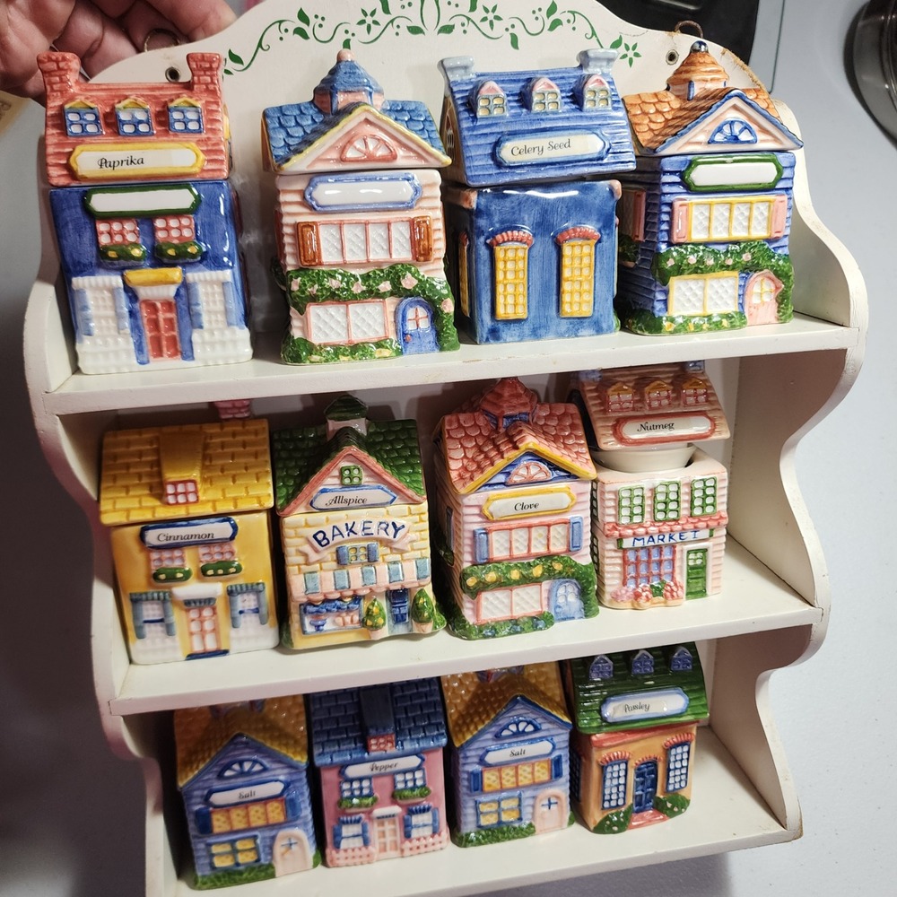 Vintage Avon spice jar set Village House Ceramic with Display Rack collectible